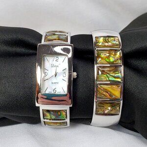 Vintage Vivani Womens Abalone Shell Quartz Watch & Bracelet Set Clamper Cuff